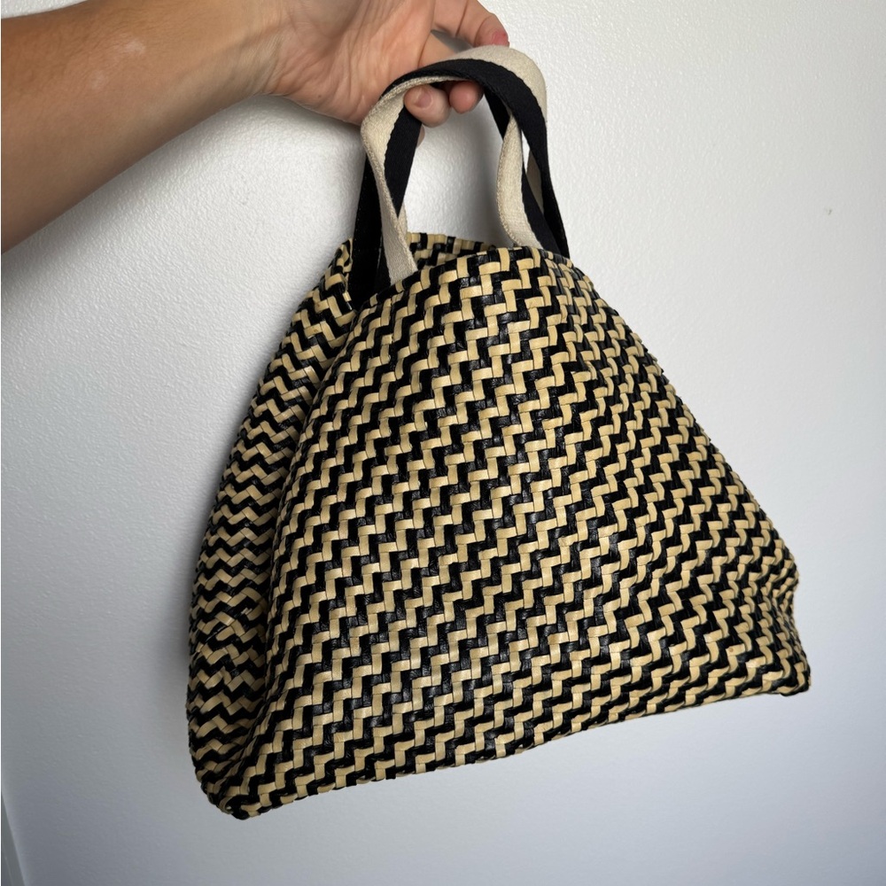 • Clare V • Bateau Woven Leather Tote Black and Cream Zig Zag - Picture 9 of 12